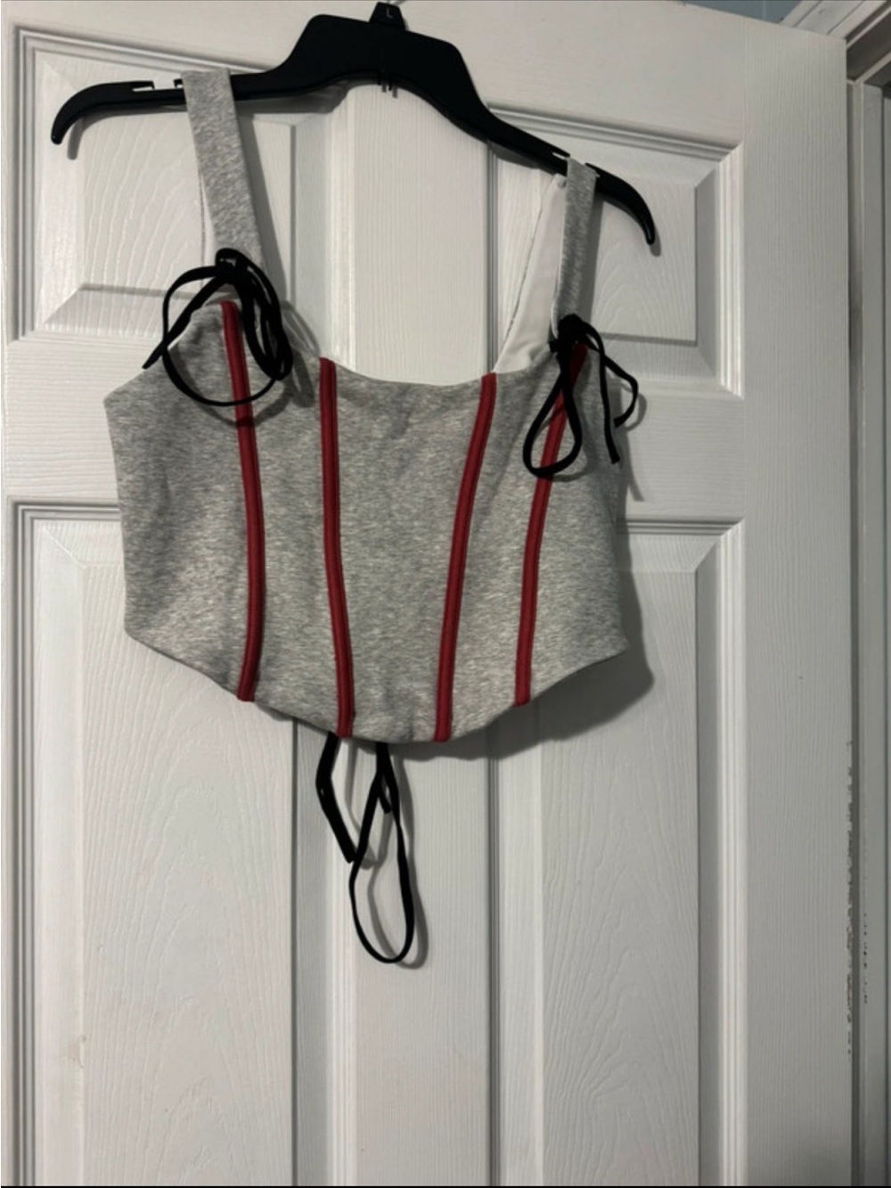 Grey Corset Crop Top with Red Piping and Black Tie Straps